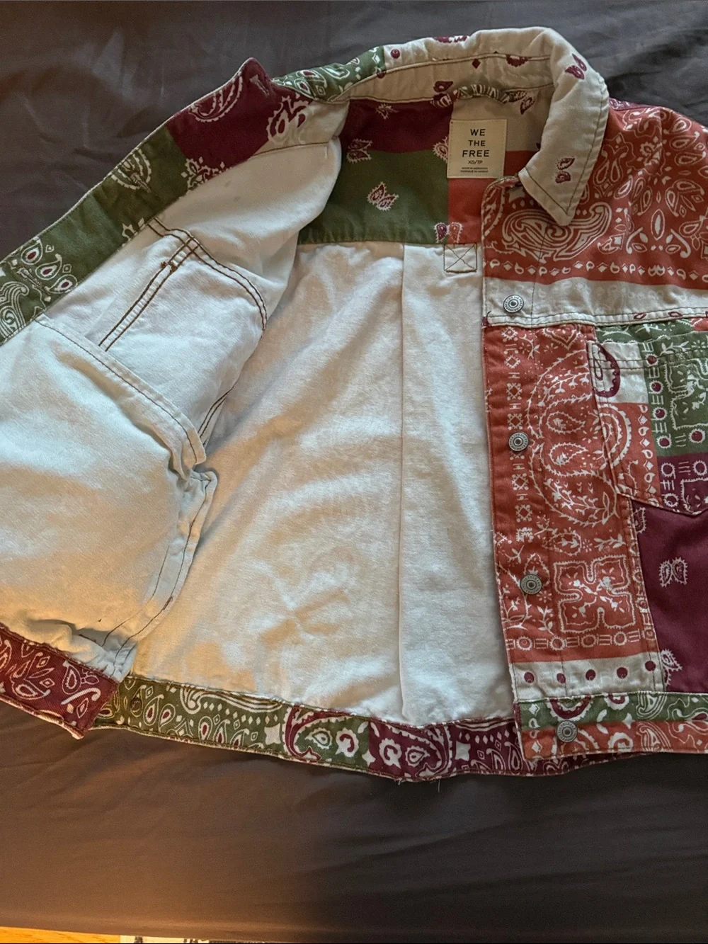 Free People Patchwork Bandana Jean Jacket in Red, Green, Cream - Picture 5 of 6